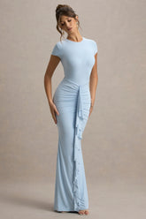 Vincenza Powder Blue Short Sleeve Gathered Maxi Dress