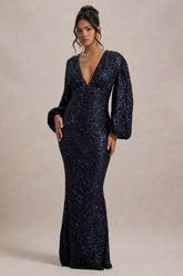 Kaelin Navy Sequin Plunge Neck Maxi Dress