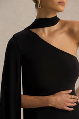 Arianne Black Asymmetric Neck Mini Dress With Scarf Detail