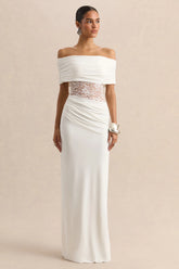 Forsya White Bardot Neck Maxi Dress With Lace Detailing