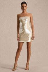 Casandra Champagne Sequin Bandeau Mini Dress With Satin Trim