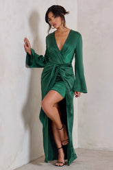 Patricia Green Extreme Plunge Long Sleeve Maxi Dress With Tie Detail