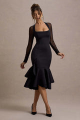 Sander Black Mesh Long Sleeve Ruffle Hem Midi Dress