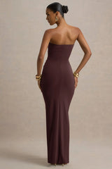 Ali Warm Brown Sweetheart Ruched Wrap Maxi Dress