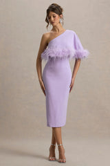 Victory Lilac One Shoulder Midi Dress With Feather Trim