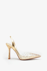 Covergirl Gold Diamante Sling Back Pointed Heels