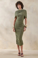 Parisia Olive Round Neck Midi Dress With Cape Detail