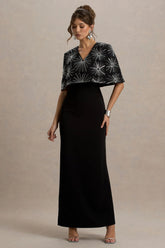 Agnella Black Embellished V Neck Maxi Dress