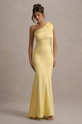 Here For Love Pale Lemon Satin Asymmetric Maxi Dress With Bow