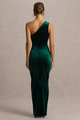 Treat Bottle Green Velvet Asymmetric Neck Maxi Dress With Ruched Detailing