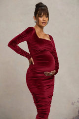 New Life Berry Velvet Maternity Square Neck Ruched Midi Dress