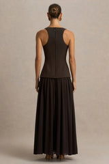 Kelly Brown Scoop Neck Maxi Dress With Pleated Mesh Skirt