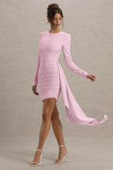 Zaya Pink Long Sleeve Mini Dress With Drape