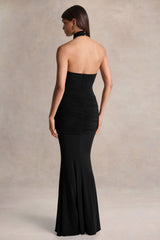 Hyla Black High Neck Maxi Dress With Sash Detail
