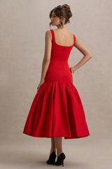 Parida Red Poplin Drop Waist Midi Dress With Peplum Hem
