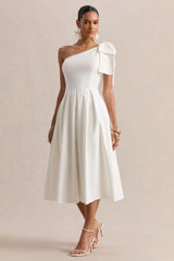 Meria White Asymmetric Neck Midi Dress With Bow Sleeve