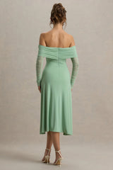 Flatter Me Light Green Bardot Midi Dress With Mesh Sleeves
