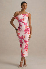Tatian Pink and Orange Floral Print Twisted Asymmetric Midi Dress
