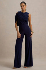 Opulence Navy Jumpsuit With Cape Sleeve and Draped Details