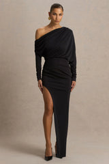 Olivia Black Asymmetric Neck Maxi Dress With Ruched Detailing And Asymmetric Hem
