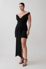 Runa Off Shoulder Mini Dress With Waist Tie Black