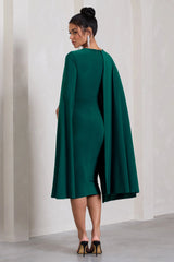 Marysol Bottle Green Asymmetric Cape Midi Dress