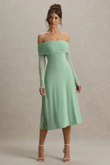 Flatter Me Light Green Bardot Midi Dress With Mesh Sleeves