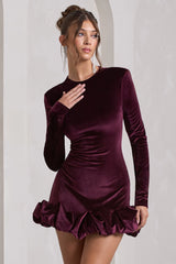 Claudine Port Velvet Long Sleeved Ruffled Mini Dress