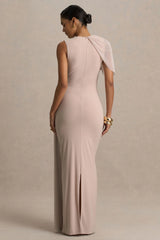 Brenda Champagne Crew Neck Maxi Dress With Mesh Cape And Sash