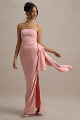Loz Light Pink Satin Bandeau Draped Maxi Dress