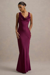 Alesso Burgundy Satin Cowl Neck Slip Maxi Dress