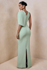 Quira Mint Asymmetric Neck Maxi Dress With Cape Sleeve