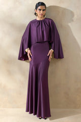 Vanthea Dark Plum Satin Round Neck Maxi Dress With Cape Sleeves