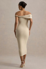Skye Sand Twisted Bardot Midi Dress