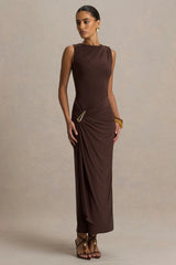 Fiora Brown Wide Neck Maxi Dress With Gathered Detail