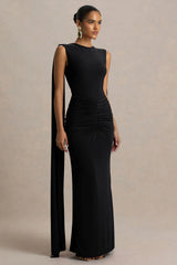 Premiere Black Boat Neck Maxi Dress With Open Back And Cape Sleeves