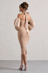 Couture Client Champagne Halter Neck Puff Sleeve Midi Dress