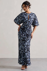 Elidy Animal Print Ruched Flutter Sleeve Cut Out Maxi Dress