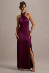 Sansa Burgundy Satin Cross Halter Neck Plisse Maxi Dress