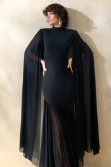 Chantelle Black High Neck Maxi Dress With Drop Waist And Cape Sleeves