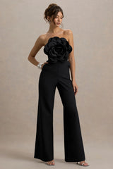 Opia Black Bandeau Wide Leg Jumpsuit With Large Floral Corsage
