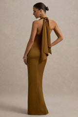 Lynette Olive Satin Plunge Neck Maxi Dress With Asymmetric Hem