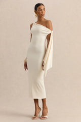 Arcelia Cream Asymmetric Neck Midi Dress With Knot Sleeve Detail