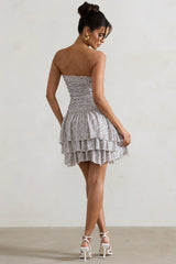 Casena Red White Floral Print Strapless Ruffle Hem Mini Dress