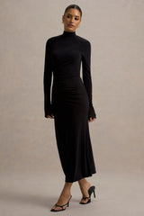 Cassandra Black High Neck Long Sleeve Midi Dress