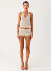 Pearl Shore Beaded Crochet Mini Shorts Ivory