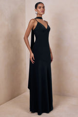 Starling Black Matte Satin Plunge Neck Maxi Dress With Scarf Detail