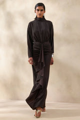 Perla Dark Brown High Neck Maxi Dress With Gathered Detailing