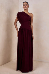 Kelsey Burgundy Asymmetric Neck Maxi Dress With Ruched Detailing