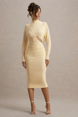Pandora Pale Lemon Long Sleeve Maxi Dress With Cut Out